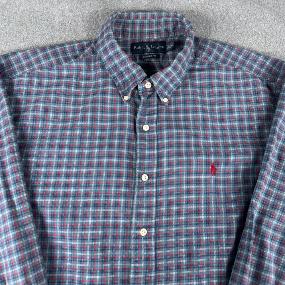 VTG Ralph Lauren Classic Fit Button Down Shirt Mens XXL Blue Plaid Red Pony